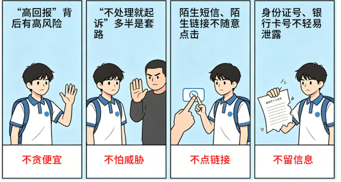 ▲校園“防坑”四句話總結：不貪便宜、不怕威脅、不點鏈接、不留信息。
