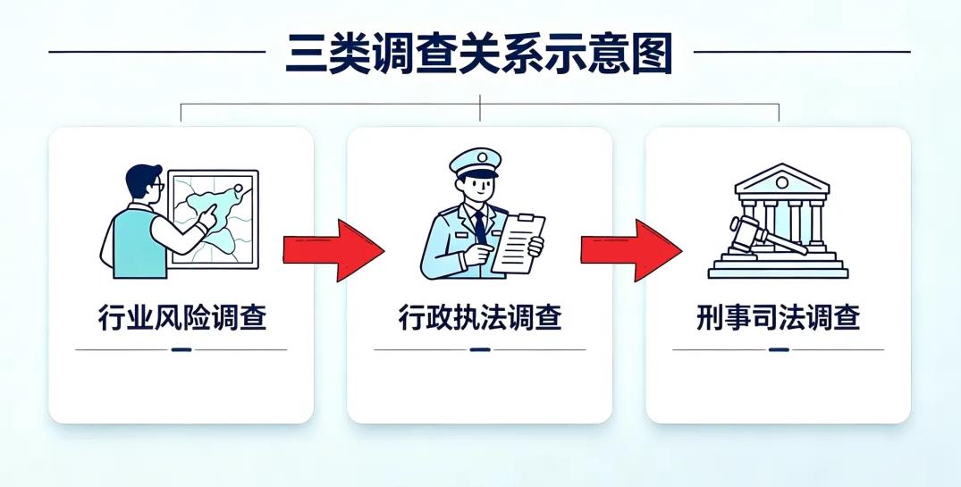 ▲行业风险调查→行政执法调查→刑事司法调查，三类调查层层递进、各有侧重。
